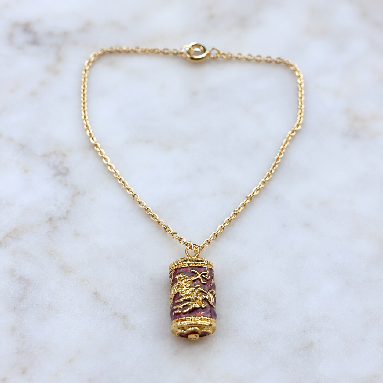Cloisonne Burgundy Gold Design Pendant Doll Necklace • 18” Fashion Doll Jewelry