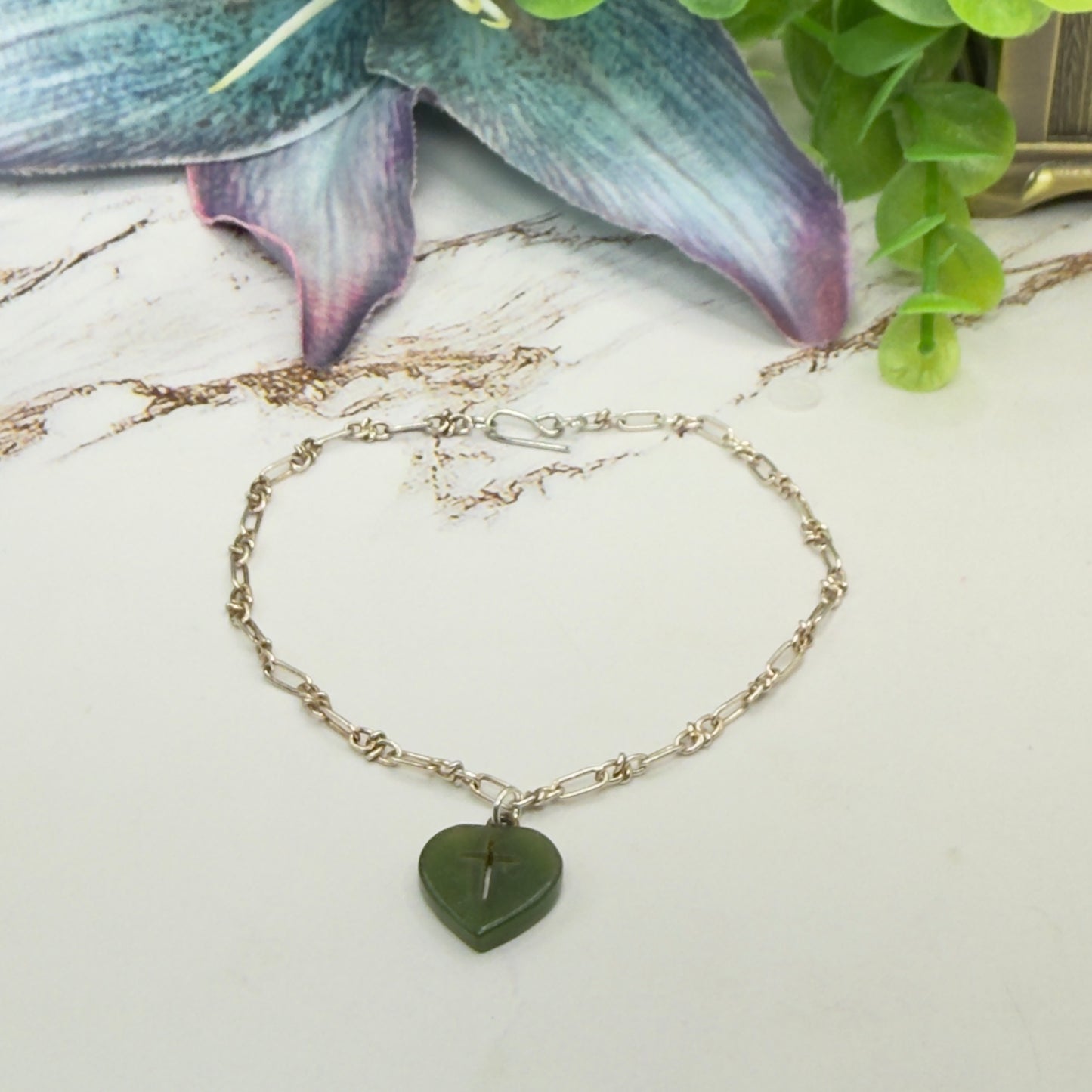 Green Jade Heart Charm with Carved Cross on Silver Chain Doll Necklace • 18 Inch Fashion Doll Jewelry
