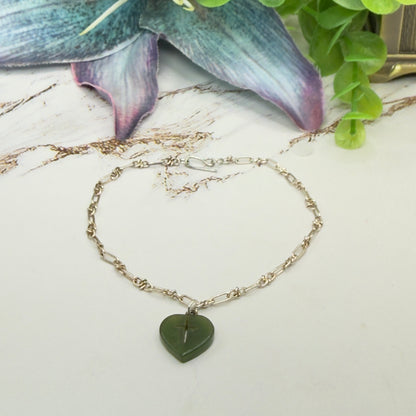 Green Jade Heart Charm with Carved Cross on Silver Chain Doll Necklace • 18 Inch Fashion Doll Jewelry