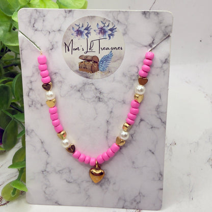Pink & Pearl Beaded Gold Heart Valentine’s Day Doll Necklace • 18 Inch Fashion Doll Jewelry