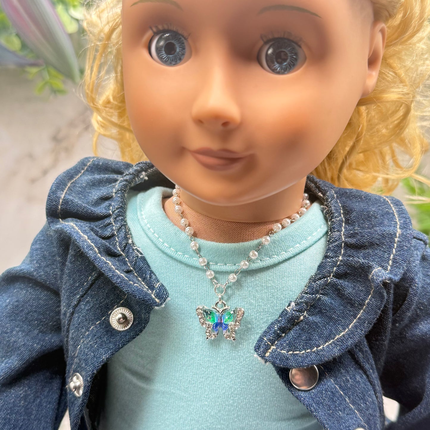 Turquoise Green Blue Butterfly Charm Pearl Beaded Doll Necklace • 18 Inch Fashion Doll Jewelry