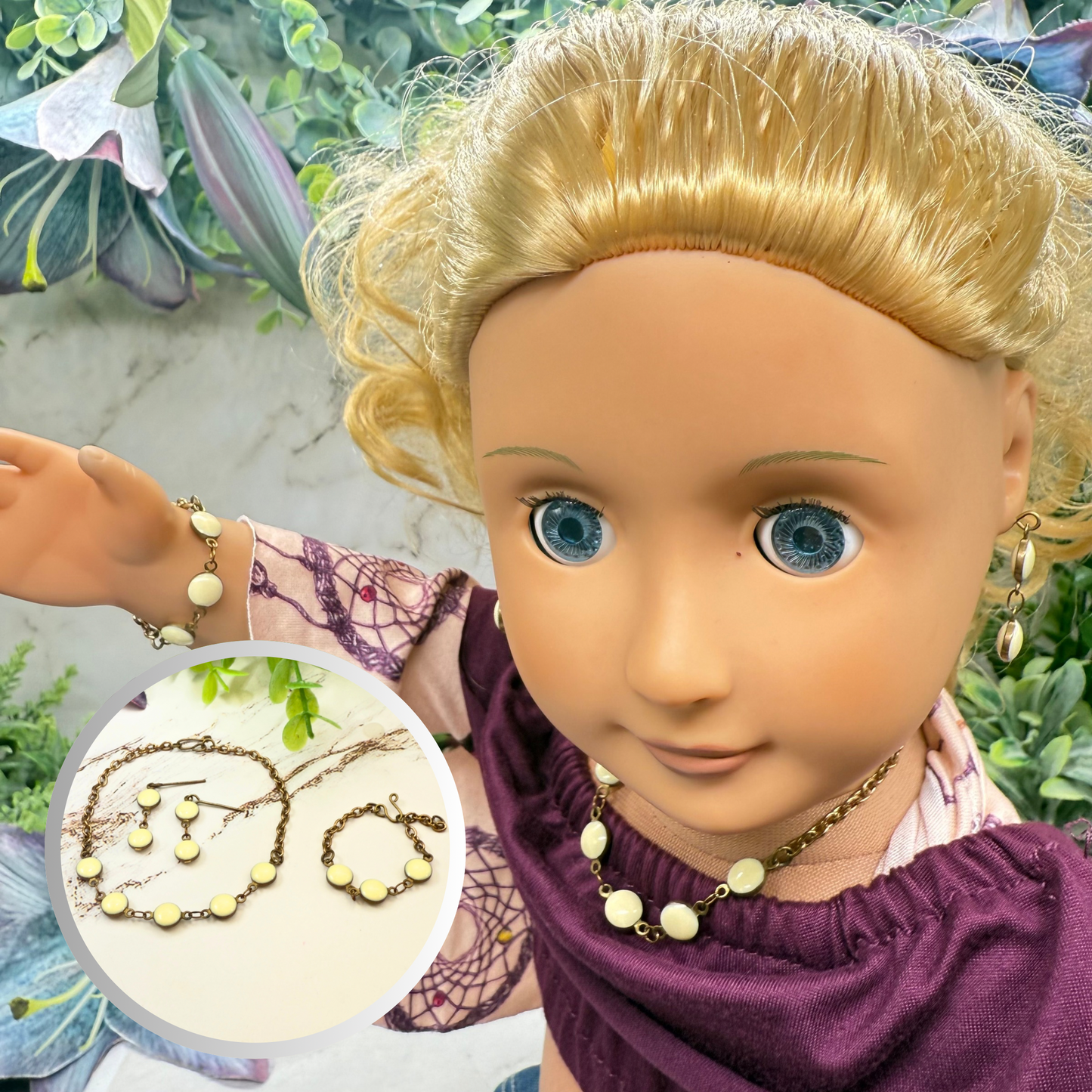 Cream Color & Brass Bronze Tone Round Link Doll Necklace Bracelet Earrings • 18 Inch Fashion Doll Jewelry