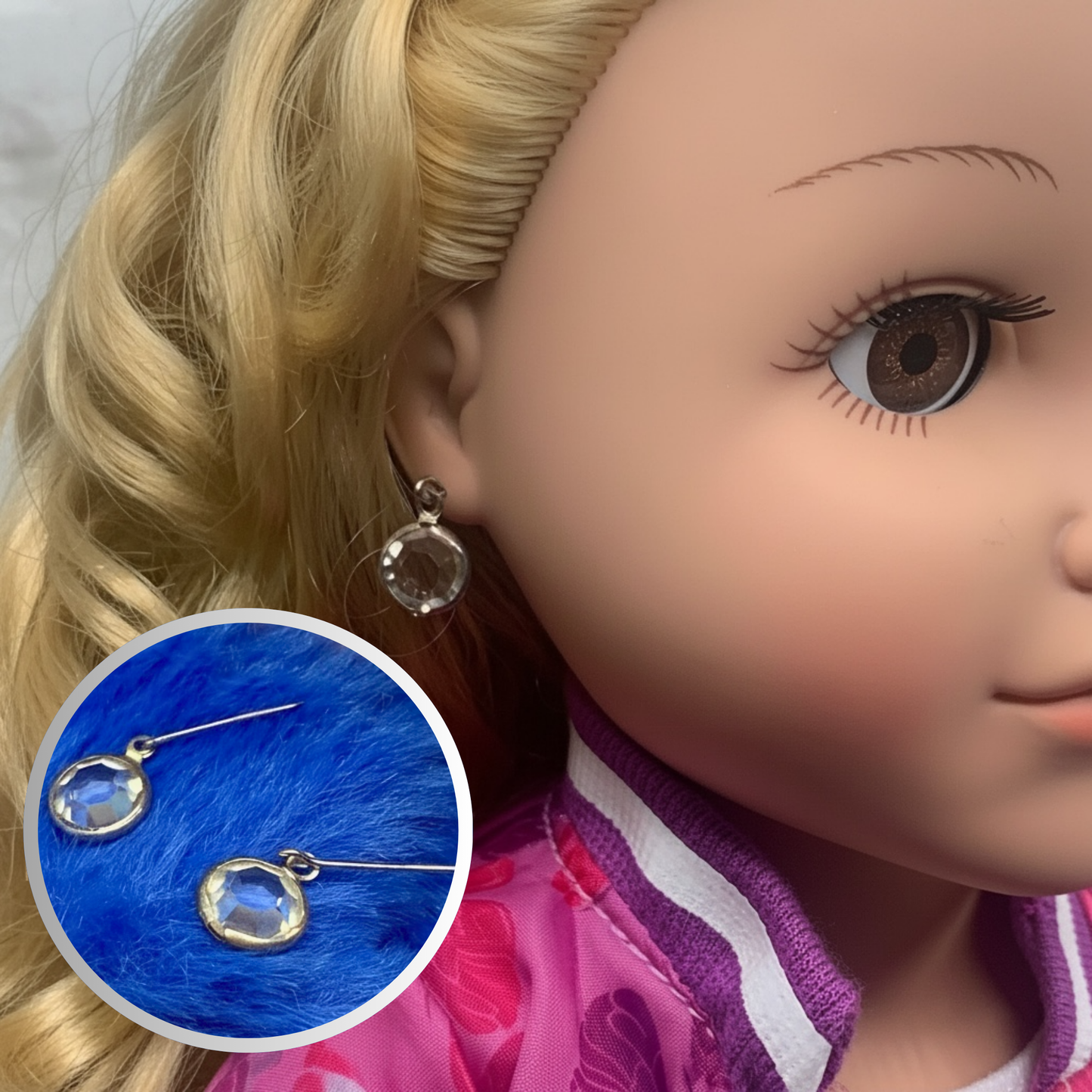 Clear Round Crystal Silver Dangle Doll Earrings • 18 Inch Doll Jewelry