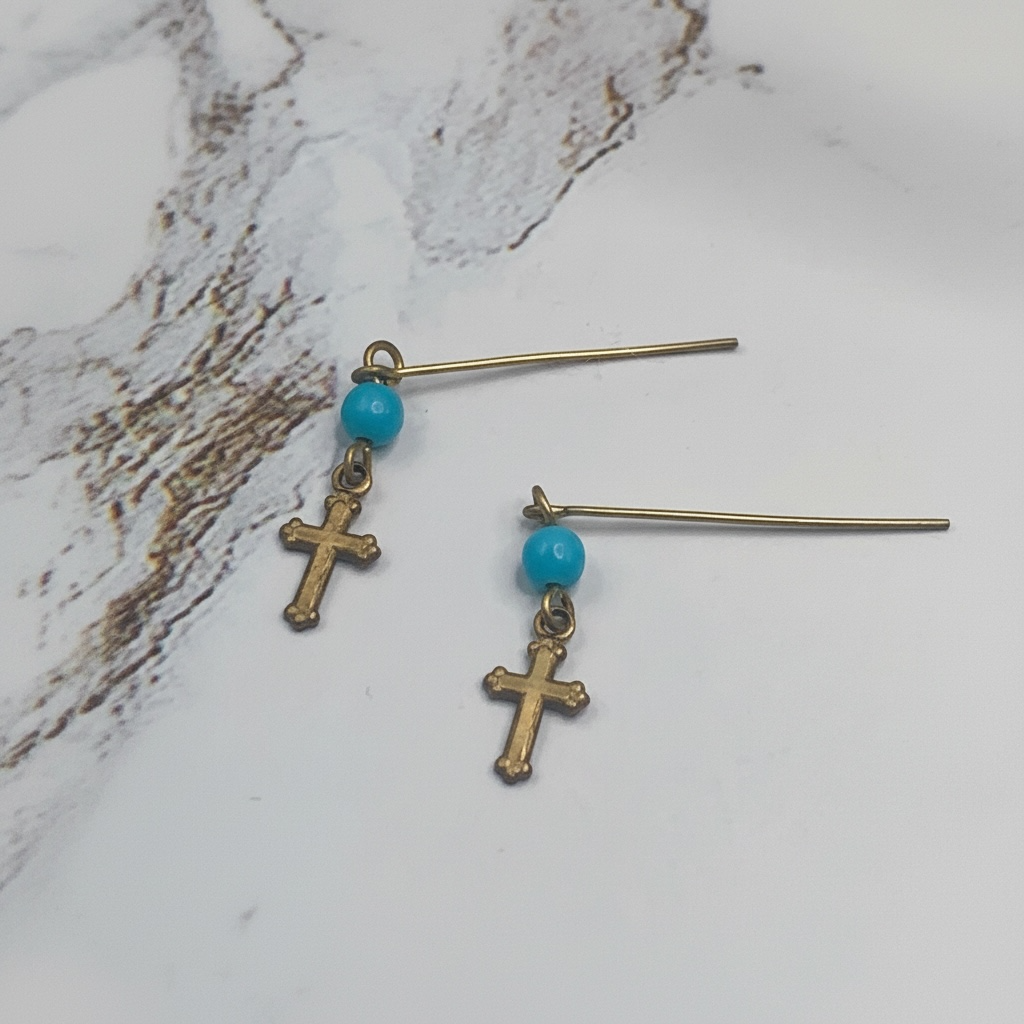 Turquoise Blue Glass Gold Cross Dangle Doll Earrings · 14” Fashion Doll Jewelry