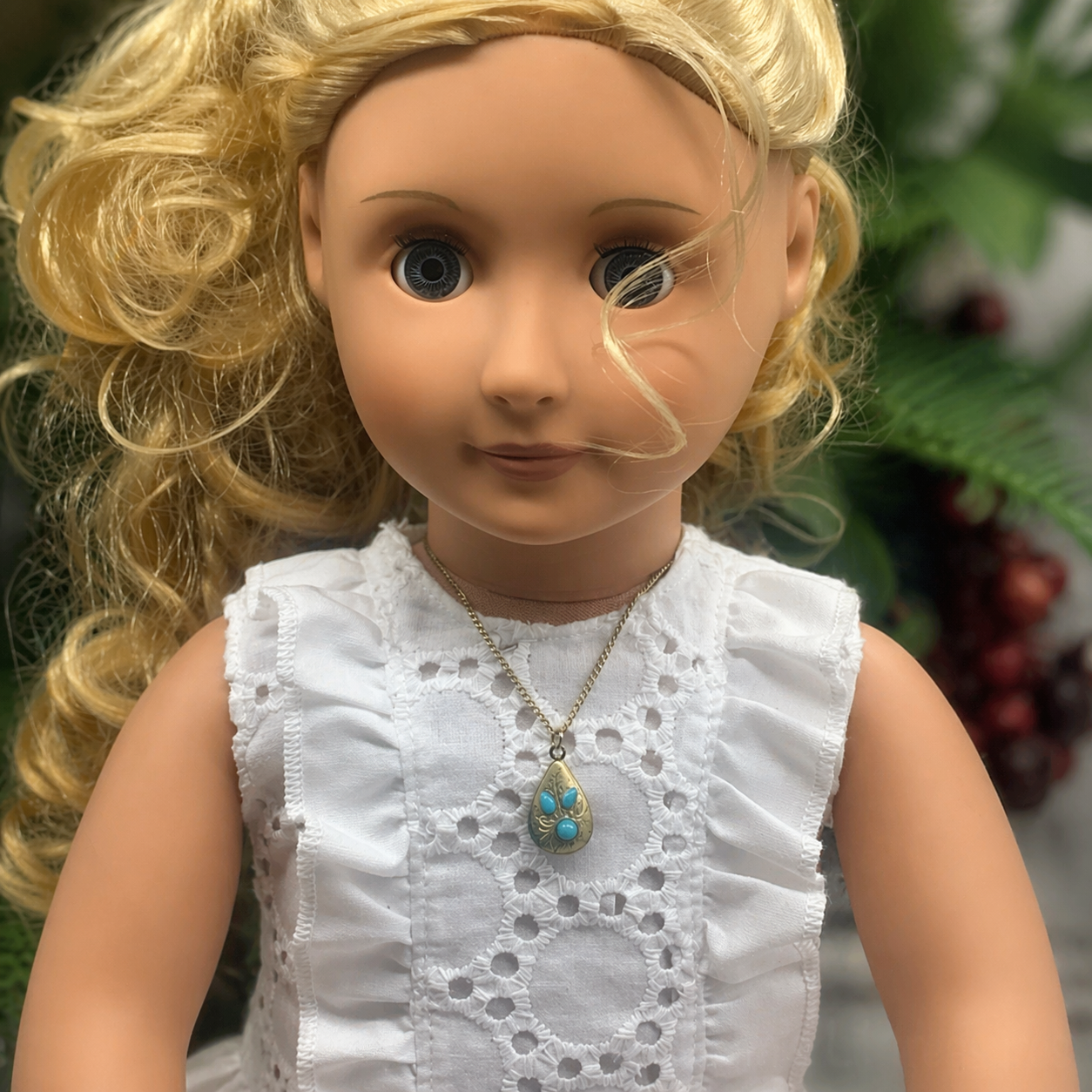 Gold Turquoise Accent Teardrop Locket Doll Necklace • 18” Fashion Doll Jewelry