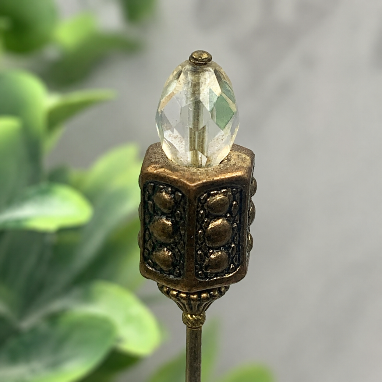 Clear Crystal - Bronze Brass Ornate -  6” Pin • Hatpin - Stick Pin