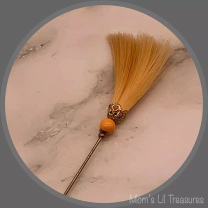 Peach Orange Fiber Tassel Broom Gold Tone Filigree • 7.25” Hatpin - Stick Pin