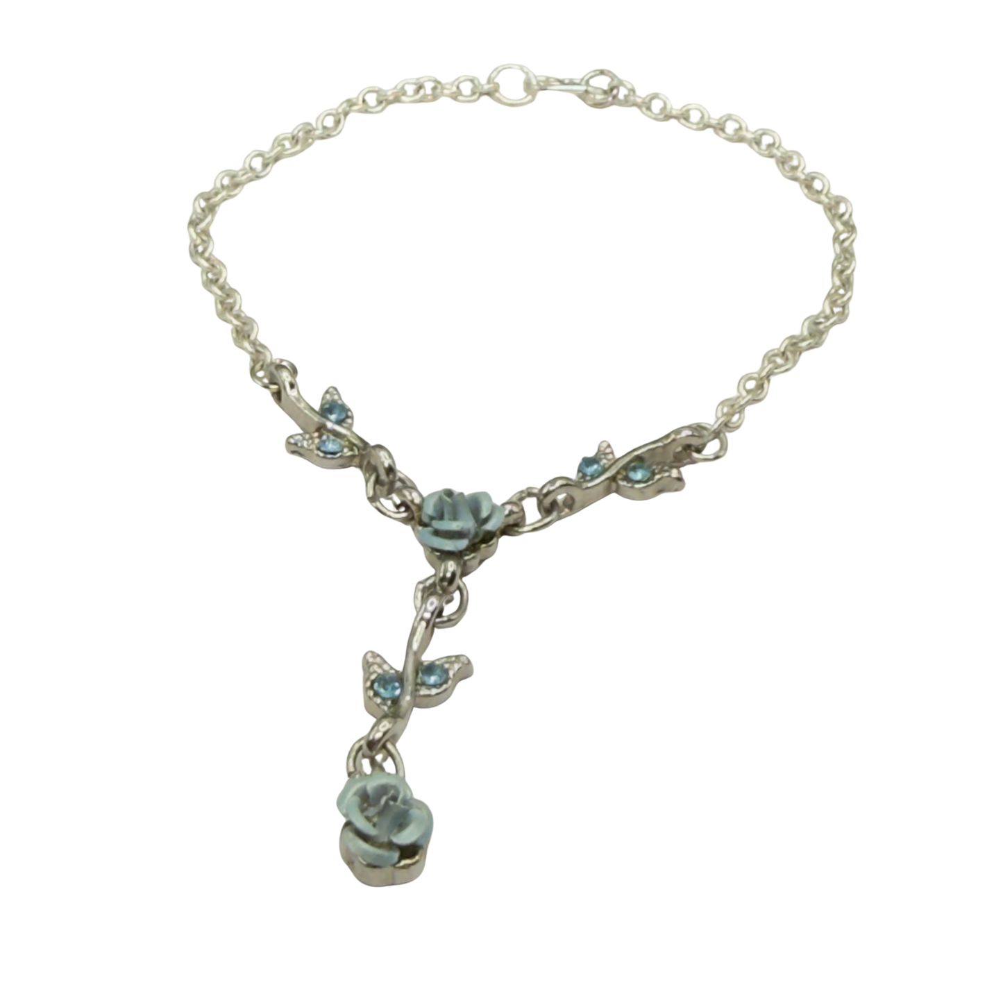 Light Blue & Silver 3D Rose Enamel & Rhinestone Accents Y-Design Doll Necklace • 18 Inch Fashion Doll Jewelry