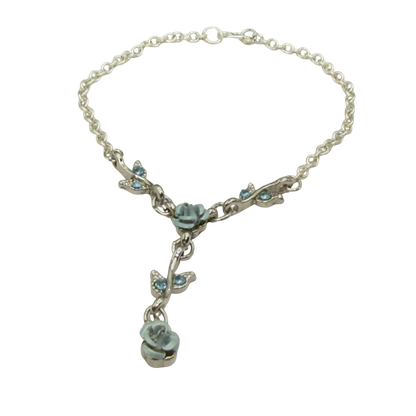Light Blue & Silver 3D Rose Enamel & Rhinestone Accents Y-Design Doll Necklace • 18 Inch Fashion Doll Jewelry