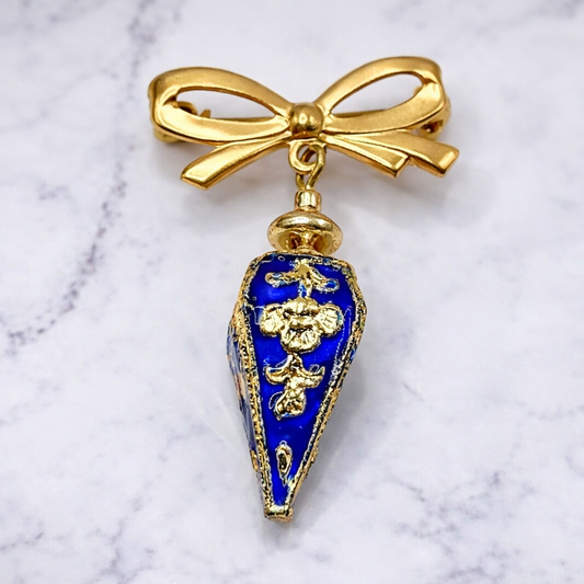 Blue Cloisonné Gold Design Teardrop Dangle Pendant Bow Shaped Pin • Doll Brooch