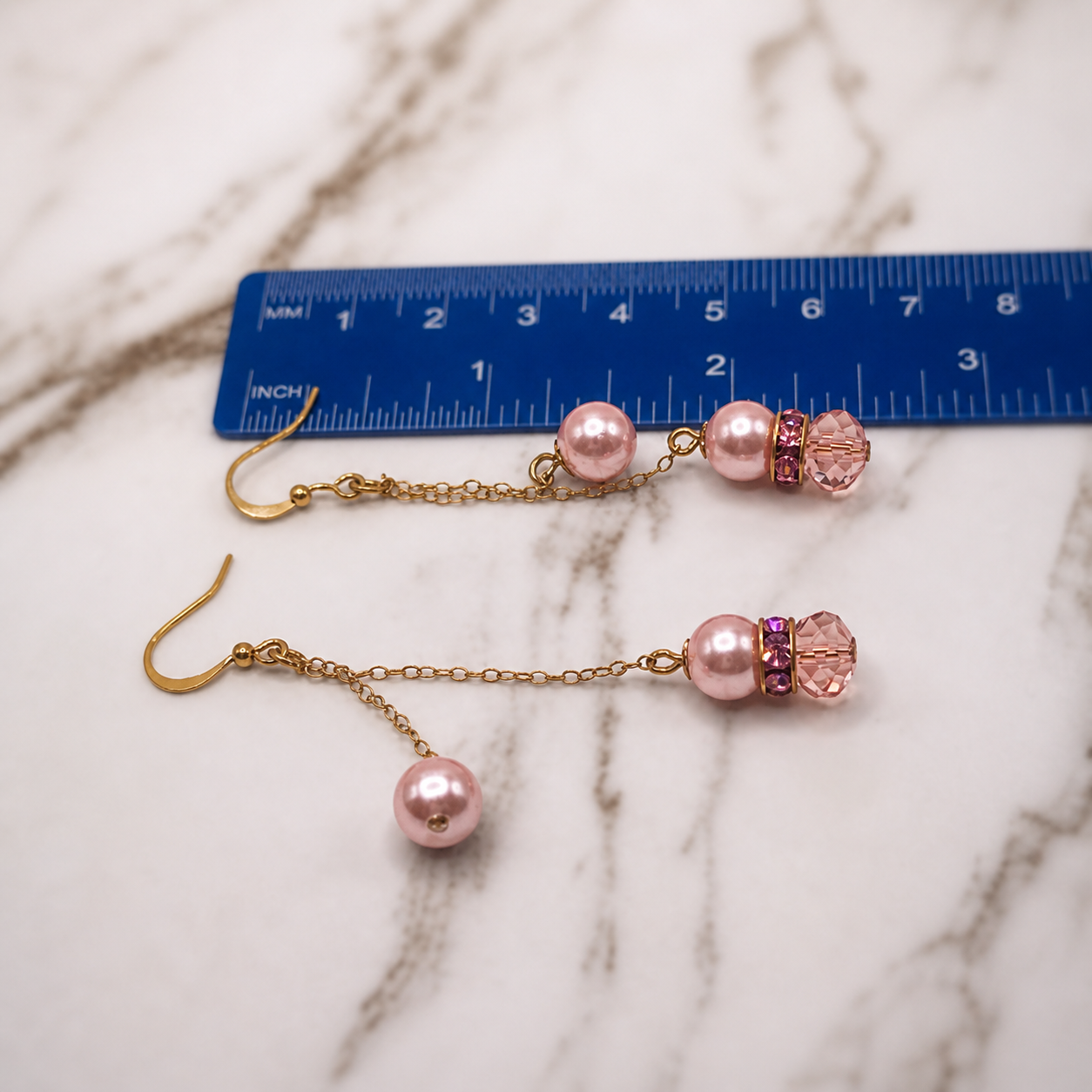 Pink Glass Crystal Pearl Rhinestone Gold Tone Chain • Handmade Dangle Earrings