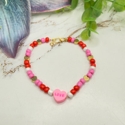 Pink Red White Beaded Love Heart Valentine’s Day Necklace • 18 Inch Fashion Doll Jewelry