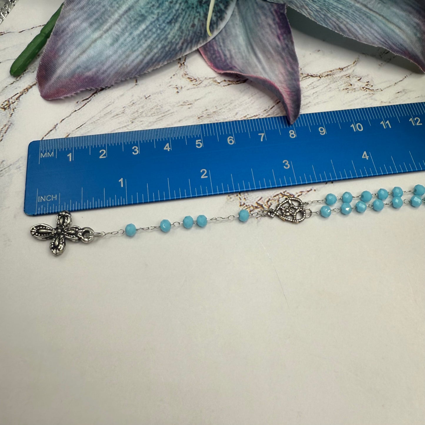 Turquoise Blue Glass Crystal Beaded Silver Chain & Cross • Doll Size Catholic Rosary for 18-22” Fashion or Vintage Dolls
