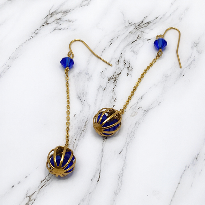 Blue Crystal and Gold Tone Chain Cage Bead Dangle Earrings - Handmade