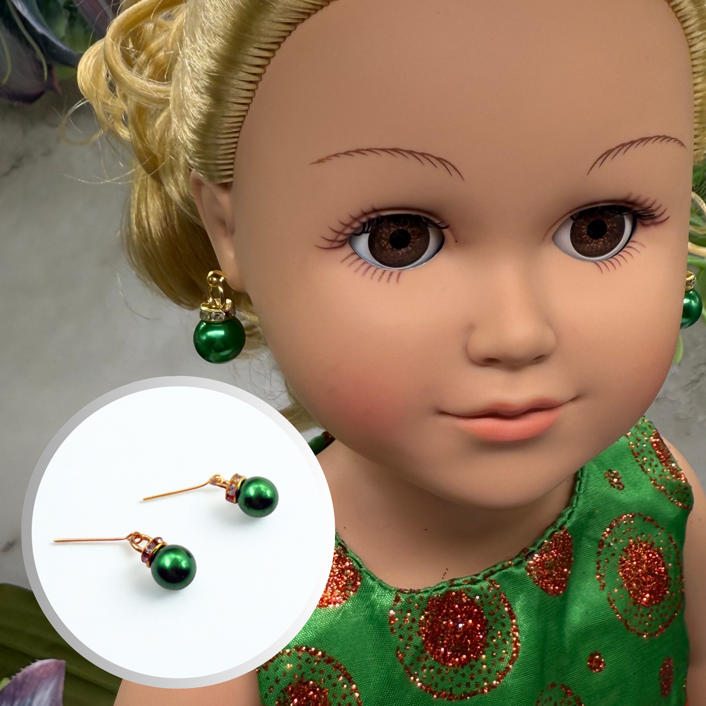 Green Christmas Ornament Charm Dangle Doll Earrings • 18 Inch Fashion Doll Jewelry