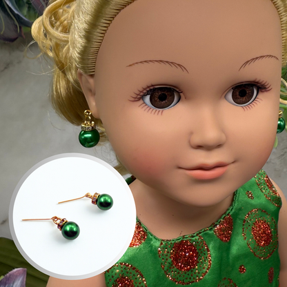 Green Christmas Ornament Charm Dangle Doll Earrings • 18 Inch Fashion Doll Jewelry