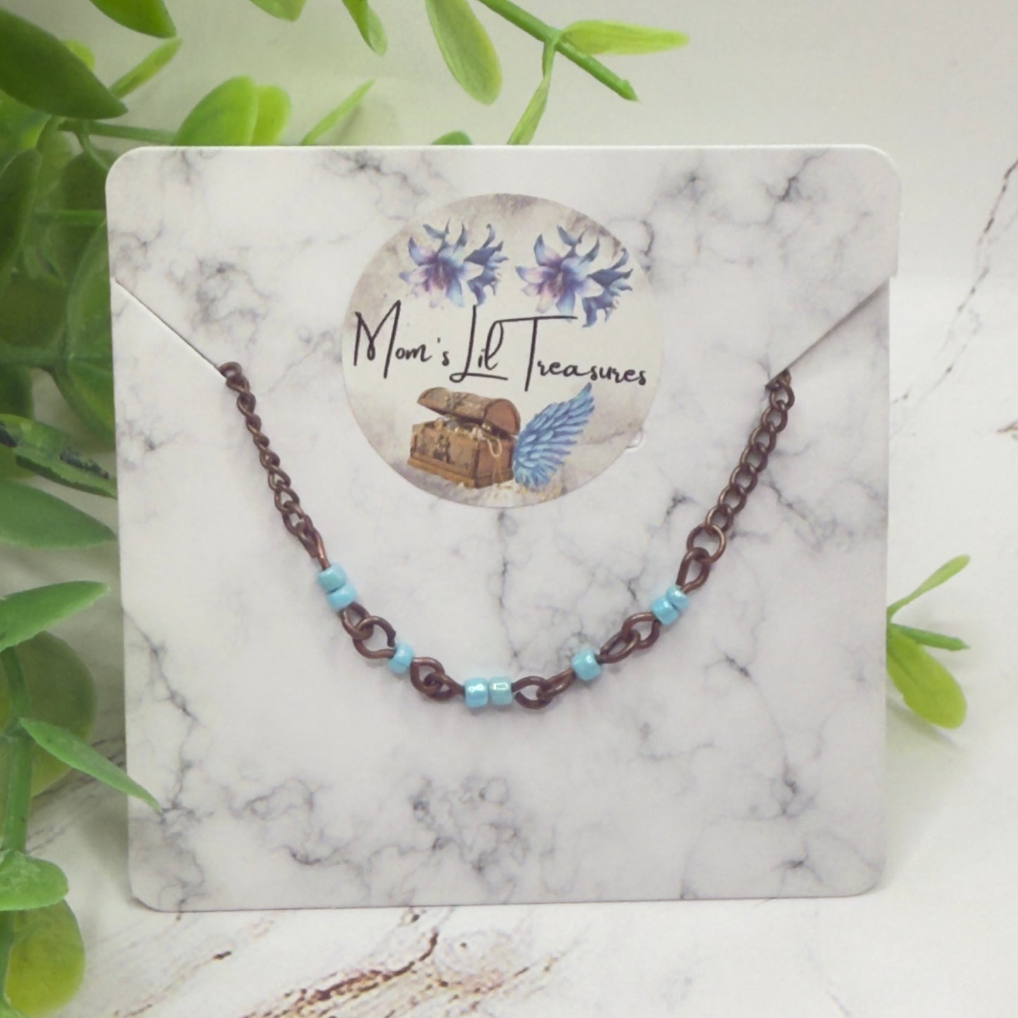 Light Blue Glass Beads Bronze Copper Tone Doll Necklace • 16 Inch Fashion Doll Jewelry