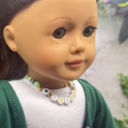 “IRISH” Green White Shamrock Beaded Doll Necklace • 18 Inch Fashion Doll Jewelry
