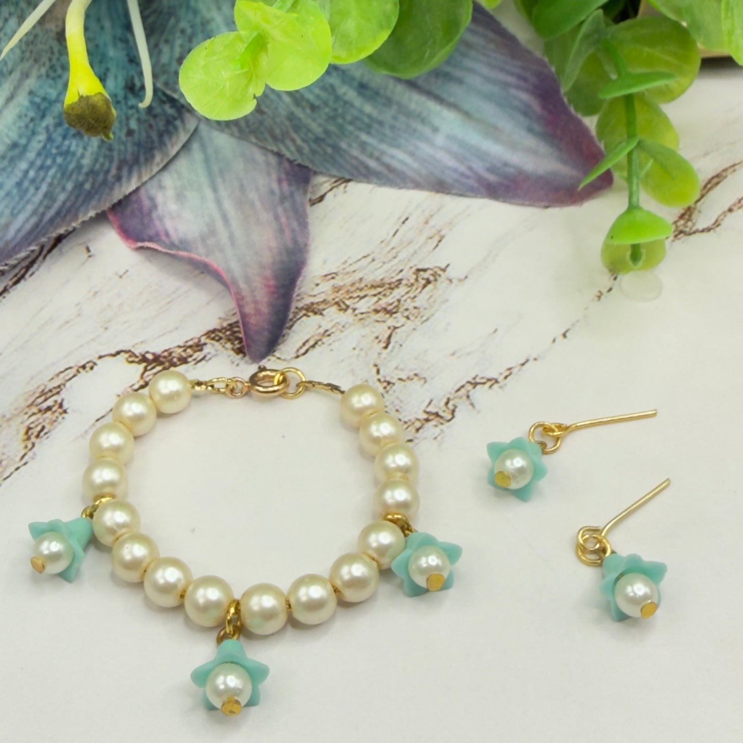 Turquoise Blue Bell Flower Dangle Pearl Beaded Doll Necklace & Earrings • 14 Inch Fashion Doll Jewelry