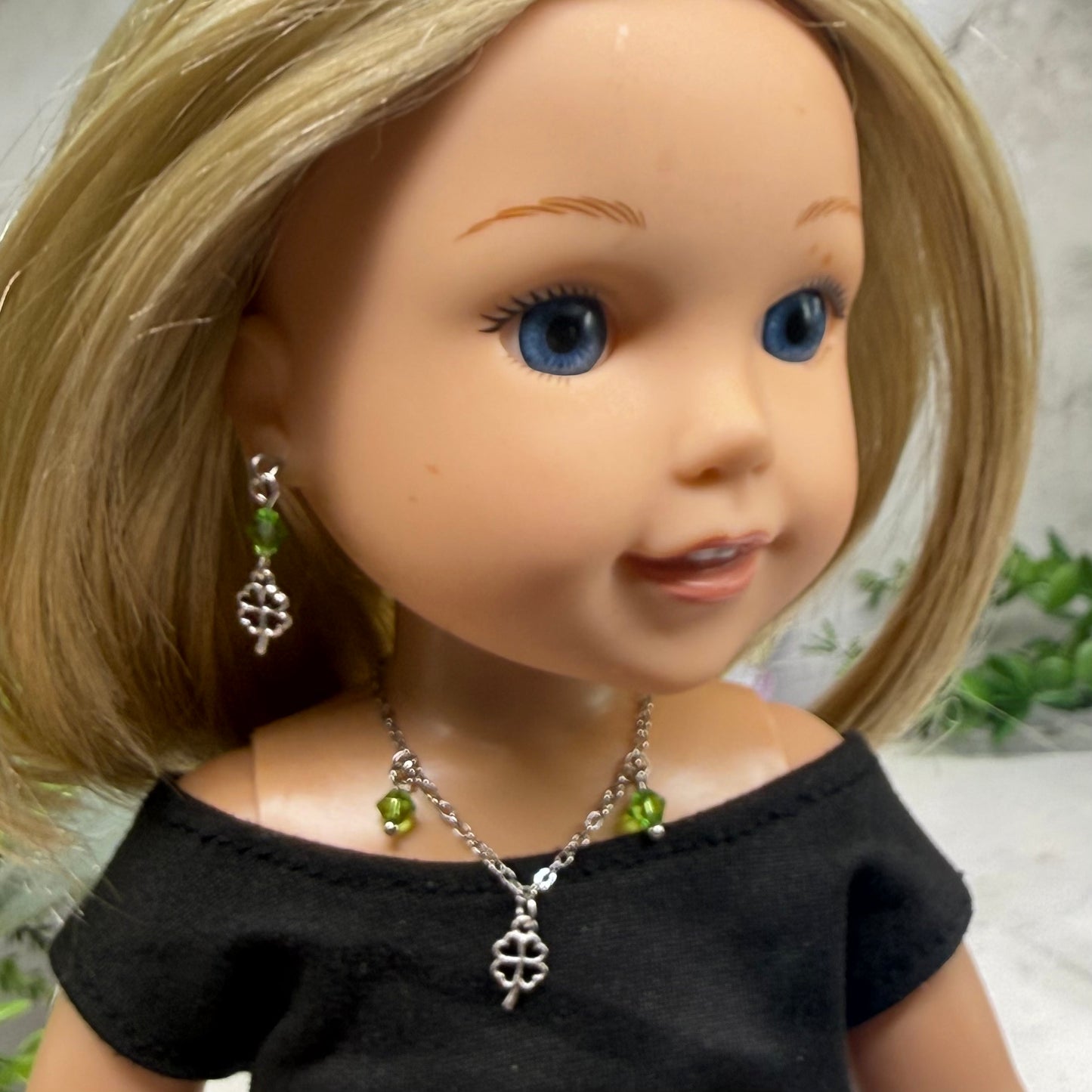 Silver Shamrock Charms Green Crystal Dangles Doll Necklace & Earrings • 14 Inch Fashion Doll Jewelry