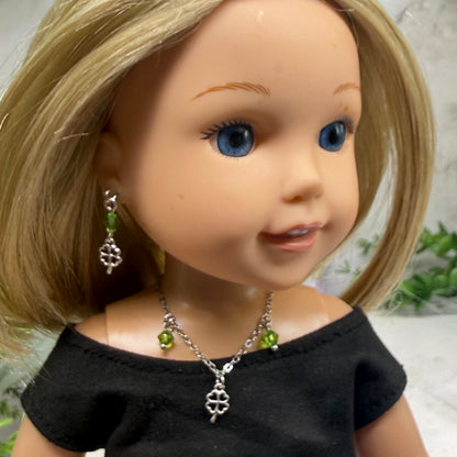 Silver Shamrock Charms Green Crystal Dangles Doll Necklace & Earrings • 14 Inch Fashion Doll Jewelry