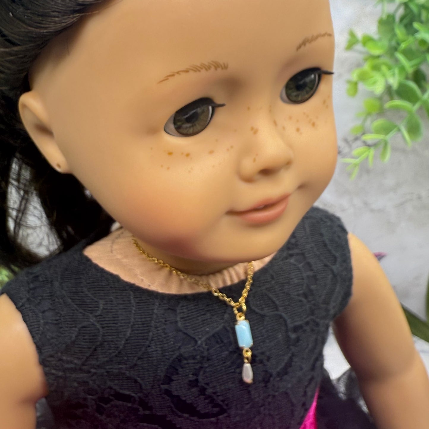 Rectangular Blue Glass & Pearl Dangle Doll Necklace • 18 Inch Fashion Doll Jewelry