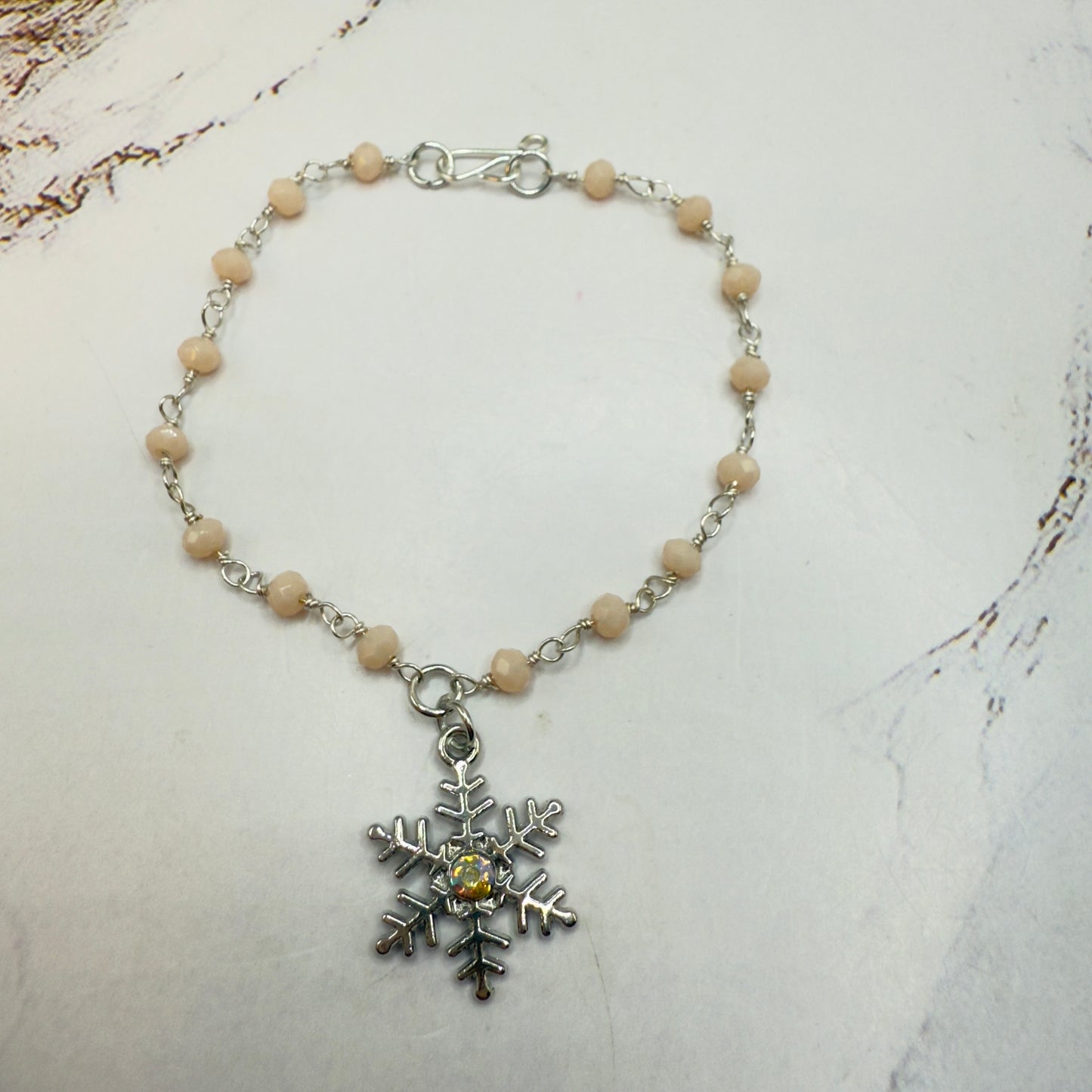Light Pinkish Beige Glass Crystal Beaded Snowflake Doll Necklace • 18 Inch Fashion Doll Jewelry