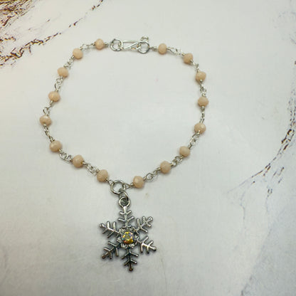 Light Pinkish Beige Glass Crystal Beaded Snowflake Doll Necklace • 18 Inch Fashion Doll Jewelry