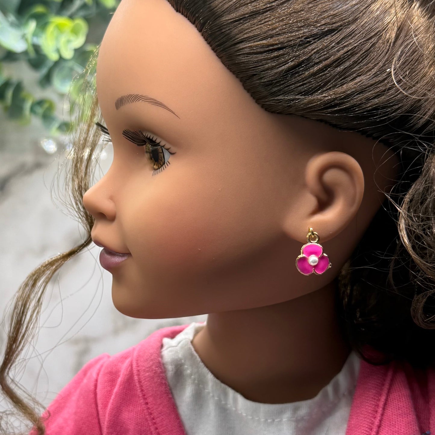 Vibrant Pink Enamel Inlay Flower Pearl Center Dangle Doll Earrings • 18 Inch Fashion Doll Jewelry
