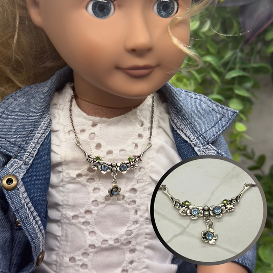 Silver Flower Design W/ Green Blue Rhinestone Doll Necklace • 18” Doll Jewelry