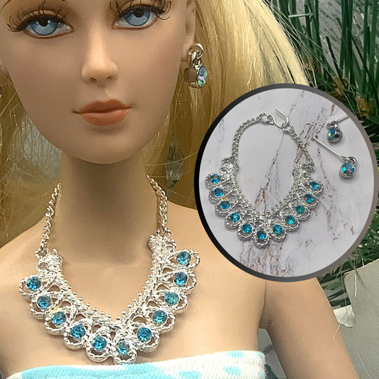 Turquoise Rhinestone Silver Collar Doll Necklace Earring Set • 16” Doll Jewelry