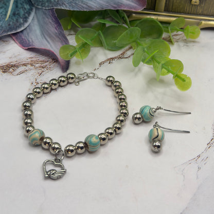 Turquoise Blue Swirl & Silver Beaded Doll Necklace & Earrings Set • 18 Inch Fashion Doll Jewelry