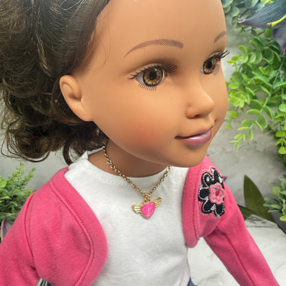 Pink Heart W/ Wings Pendant Gold Chain Doll Necklace • 18 Inch Fashion Doll Jewelry