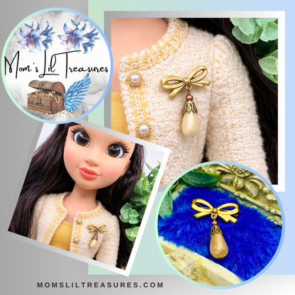Tan Beige Glass Teardrop Pendant with Gold Tone Bow Pin • Doll Brooch