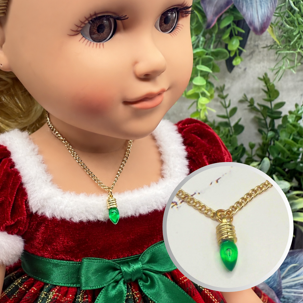 Green Christmas Light Charm Gold Doll Necklace • 18 Inch Fashion Doll Jewelry