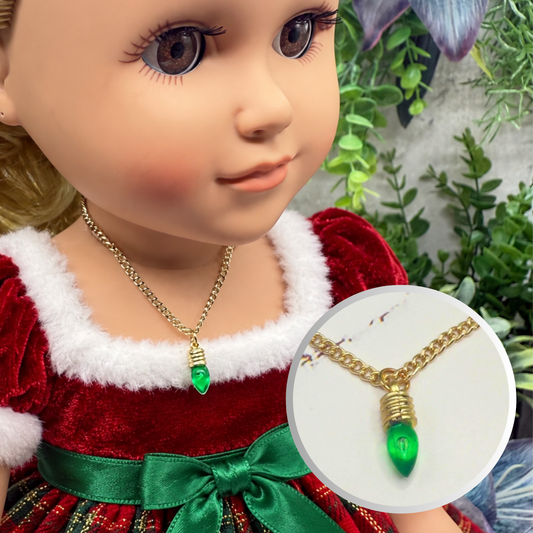 Green Christmas Light Charm Gold Doll Necklace • 18 Inch Fashion Doll Jewelry