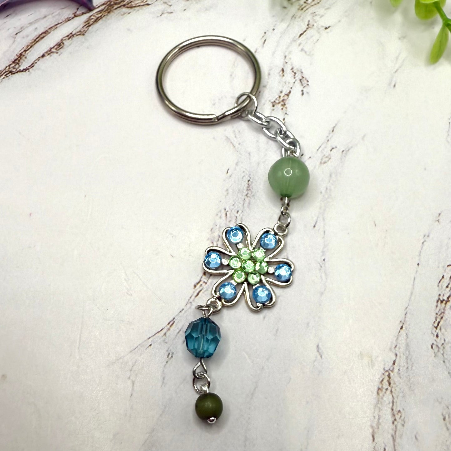 Silver Flower Light Blue Green Rhinestone Acrylic Beads • Key Chain / Car Charm