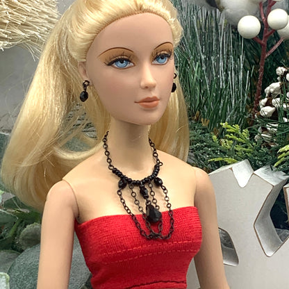 Black Crystal Chain Doll Necklace Earring Set • 16 Inch Fashion Doll Jewelry
