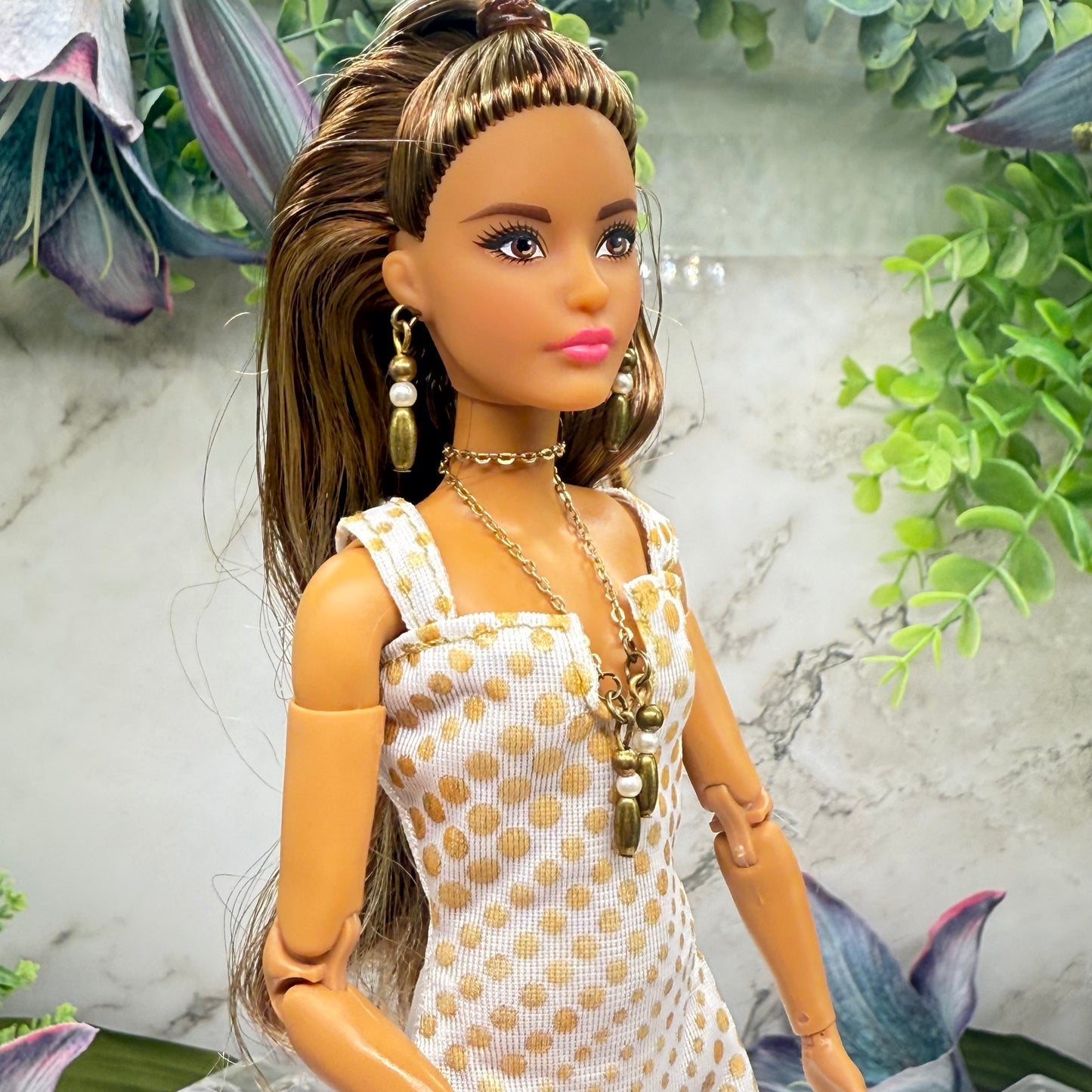 Brass Bronze Pearl Drop Wrap Doll Necklace / Belt & Earrings • 10-12 Inch Fashion Doll Jewelry 1:6