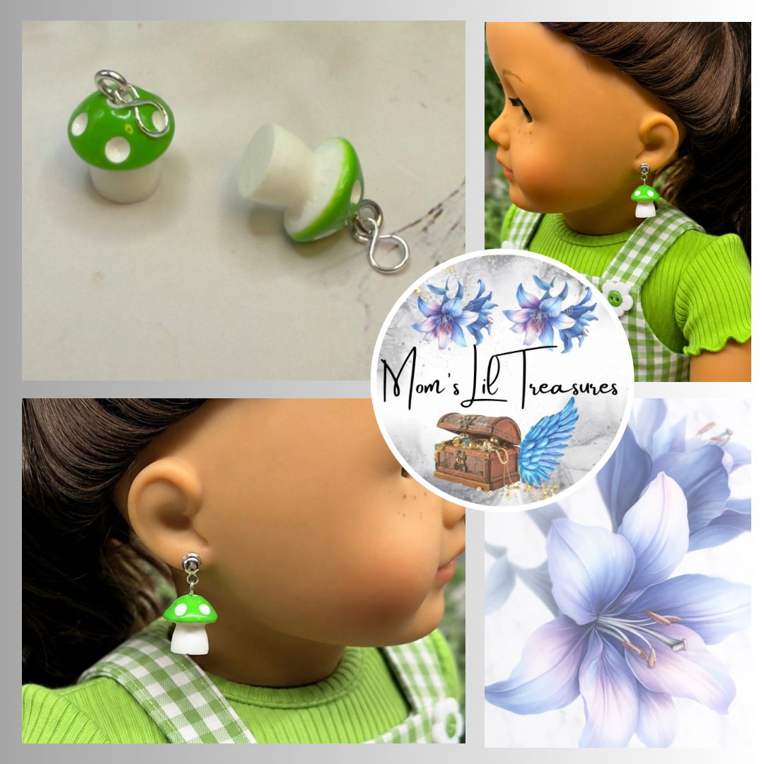 Green White Mushroom  Doll Earring DANGLE ONLY • 18” Fashion Doll Jewelry