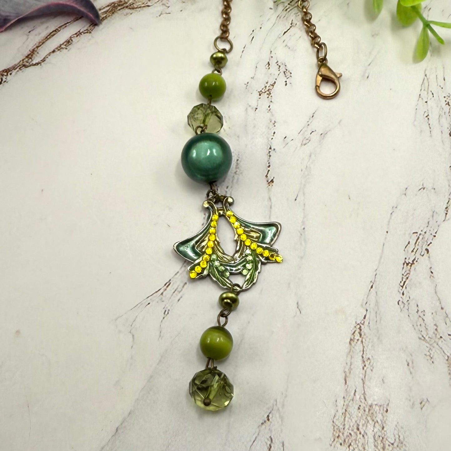 Green  Enamel  Rhinestone  Acrylic Beaded Chain • Car Mirror Charm / Sun Catcher