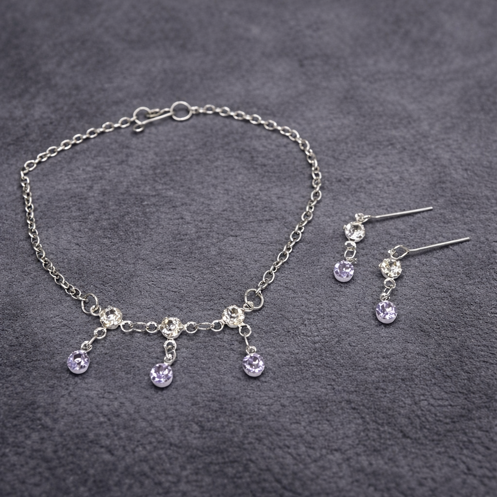 Light Misty Purple & Clear Rhinestone Silver Doll Necklace and Earrings Set for 18 Inch Fashion Dolls