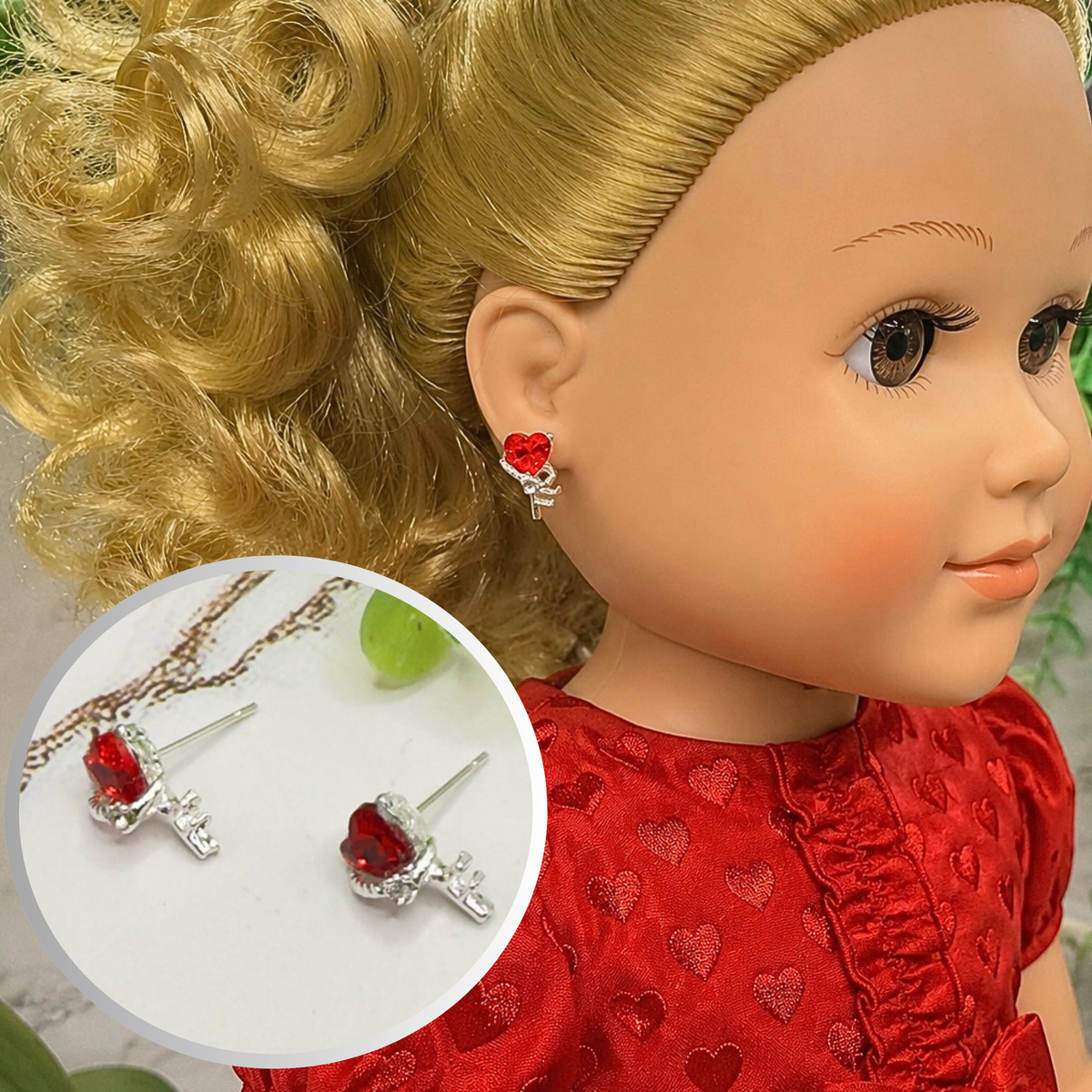 Red Rhinestone Heart Silver Key Design Post Doll Earrings • 18 Inch Fashion Doll Jewelry