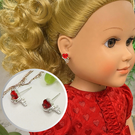 Red Rhinestone Heart Silver Key Design Post Doll Earrings • 18 Inch Fashion Doll Jewelry