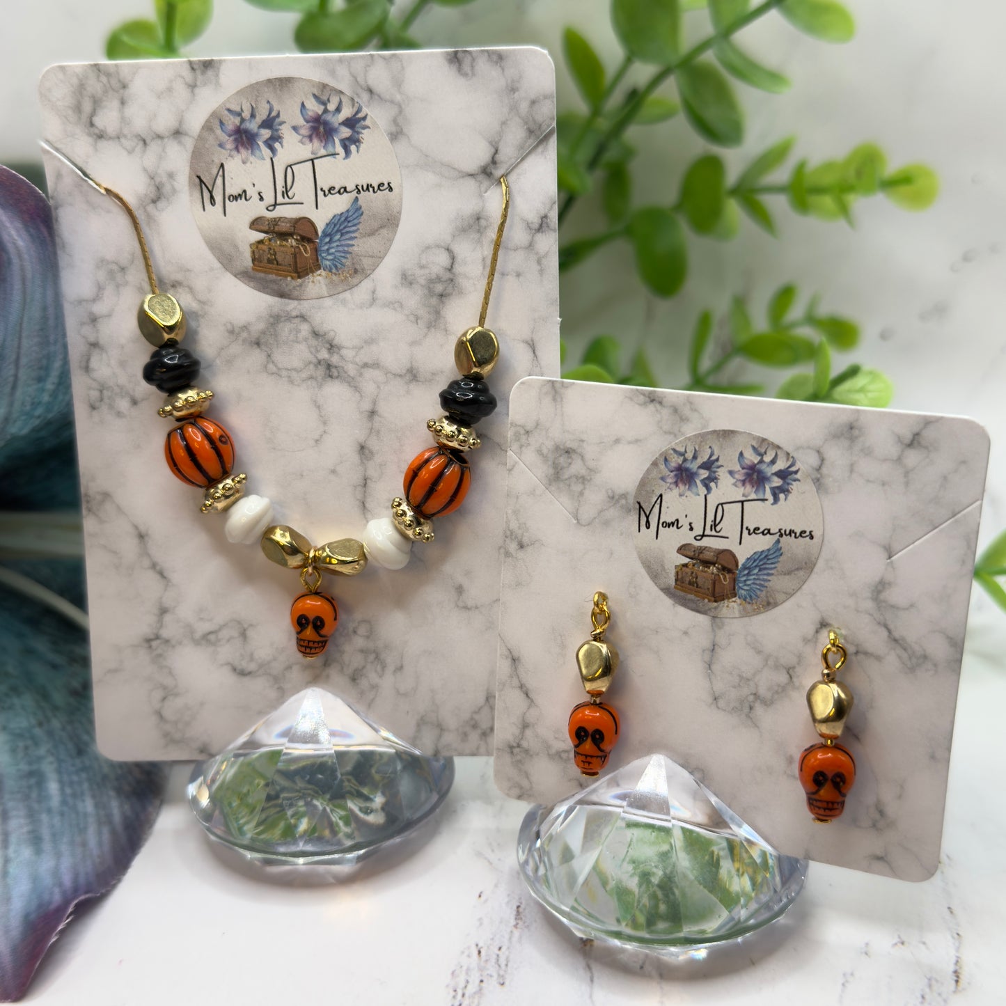 Skull Charm Halloween Acrylic Slide Bead Gold Chain Doll Necklace and Earrings Set • 18 Inch Fashion Doll Jewelry