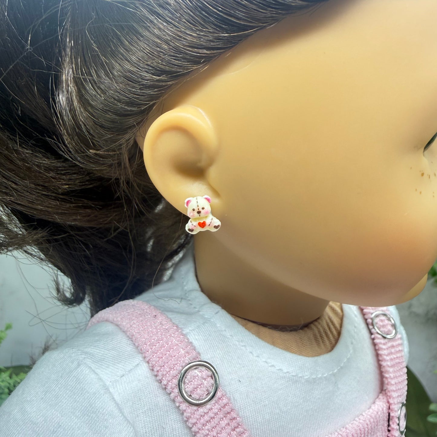 Teddy Bear w/ Red Heart & Stitch Pattern Post Doll Earrings • 2mm Post for 18 Inch Fashion Doll