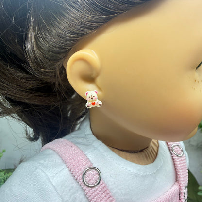 Teddy Bear w/ Red Heart & Stitch Pattern Post Doll Earrings • 2mm Post for 18 Inch Fashion Doll