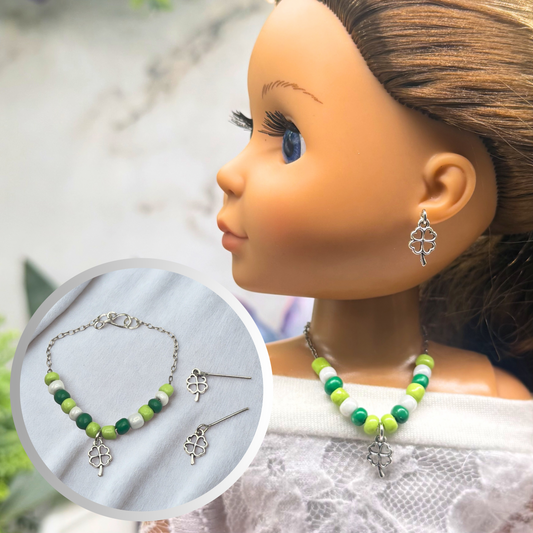 Green White Beaded Silver Four-Leaf Clover Shamrock Charm Doll Necklace & Earrings • 14 Inch Fashion Doll Jewelry