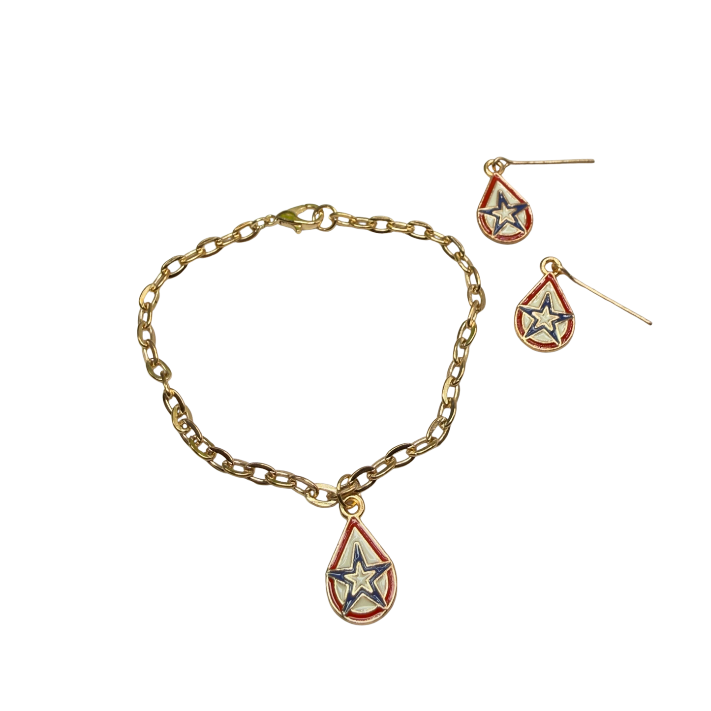 Red White Blue Teardrop Patriotic Star Gold Doll Necklace & Earrings for 18 Inch Fashion Doll