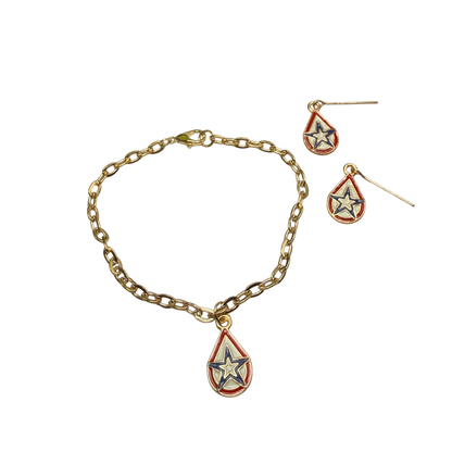 Red White Blue Teardrop Patriotic Star Gold Doll Necklace & Earrings for 18 Inch Fashion Doll